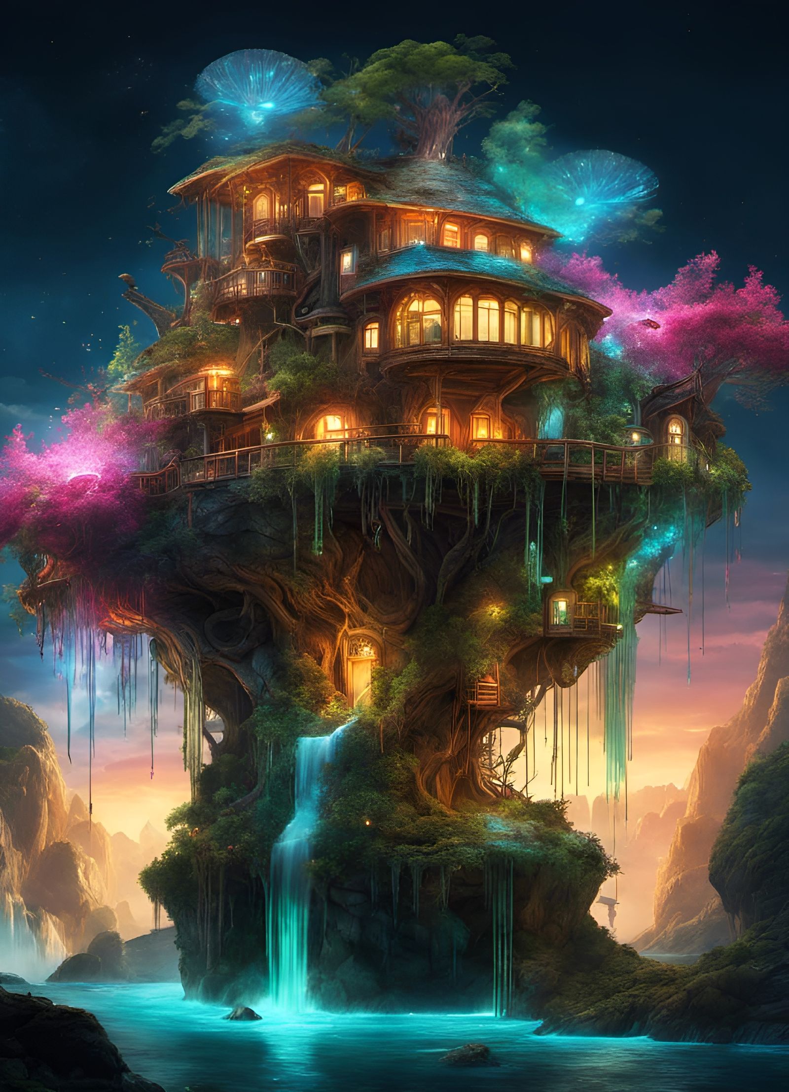 Bioluminescent Fairy Treehouse by Glowing Waterfall