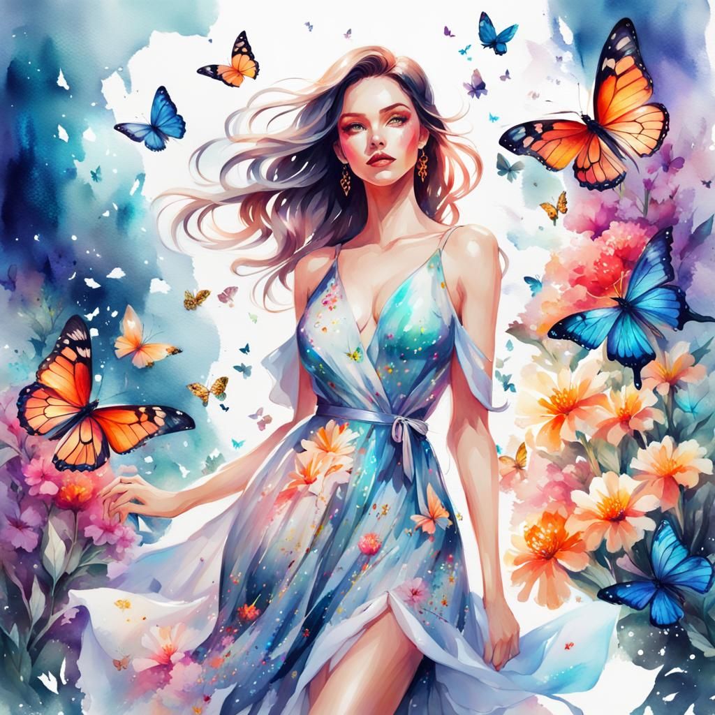Beautiful Woman Surrounded by Butterflies in Watercolor