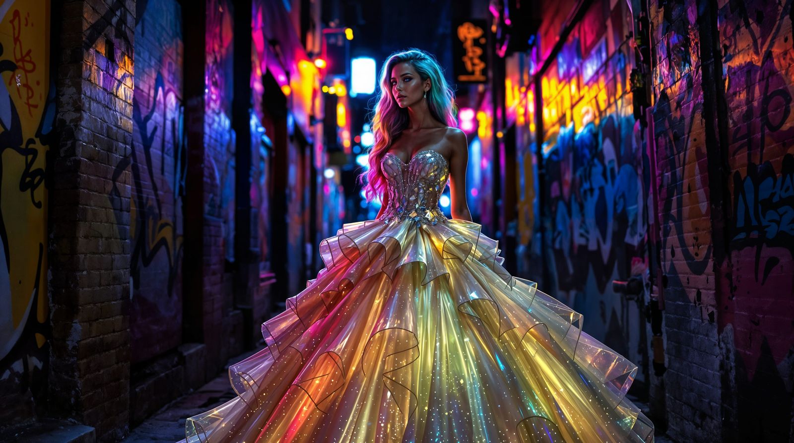 Rainbow Gown in Urban Alleyway with Neon Glow