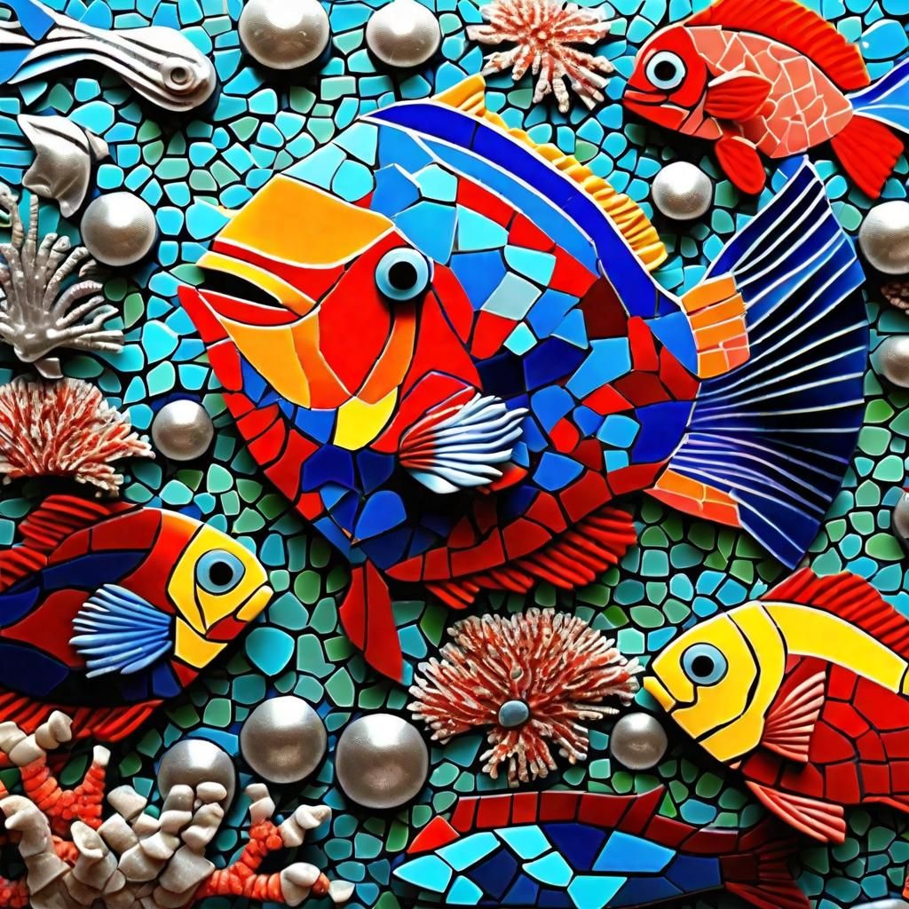 Vibrant Marine Life Mosaic with Coral Reef