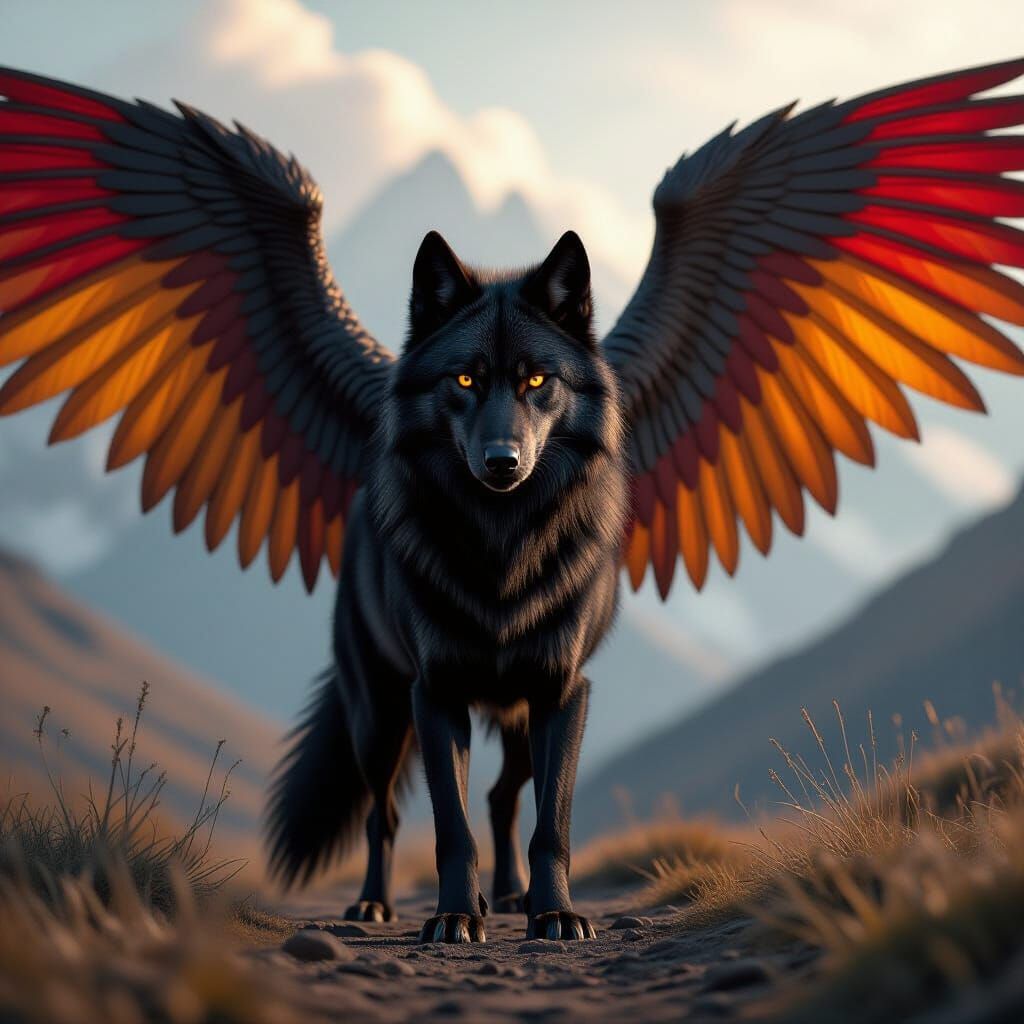 Winged Black Wolf with Heterochromatic Eyes