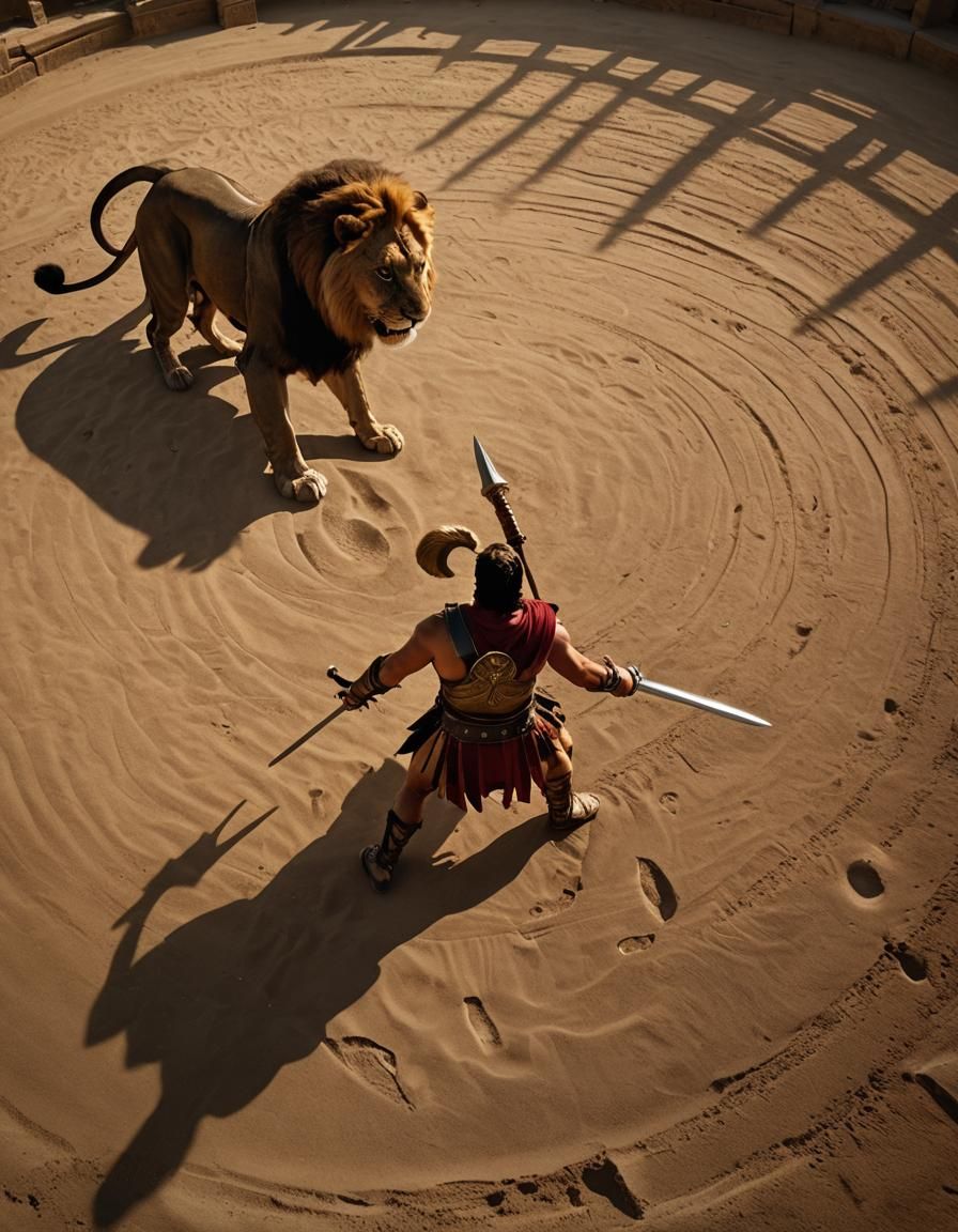 Gladiator and Lion in Arena, Dramatic Lighting