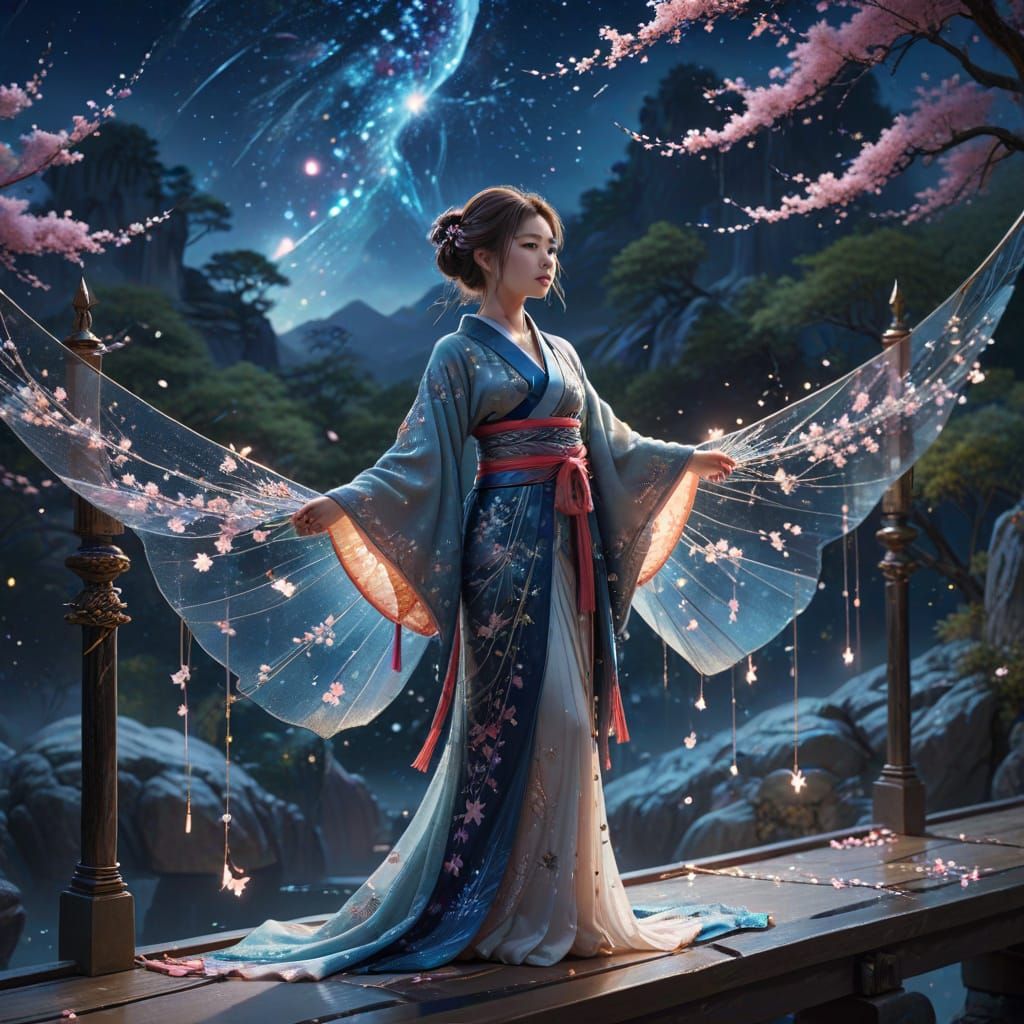 Ethereal Woman on Crystal Bridge: Fantasy Concept Art