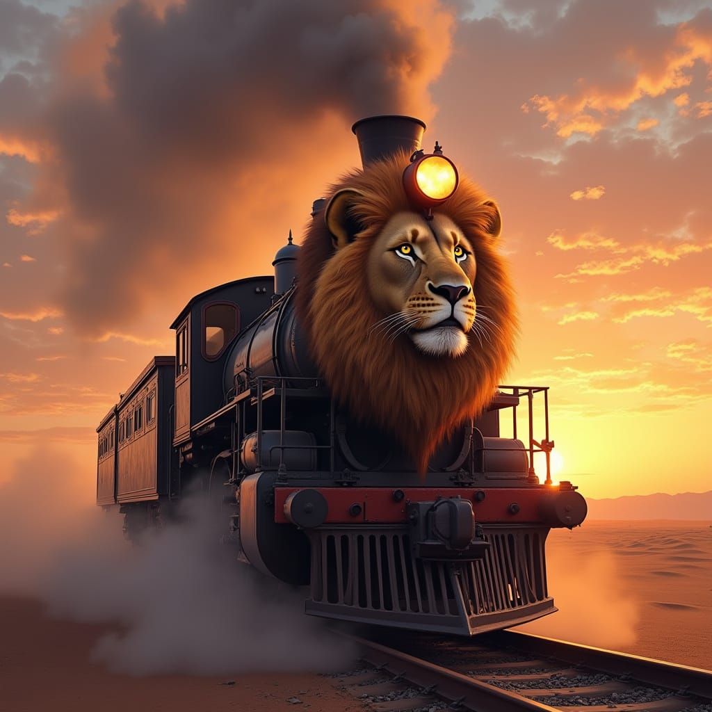 Majestic Lion Train at Desert Sunset