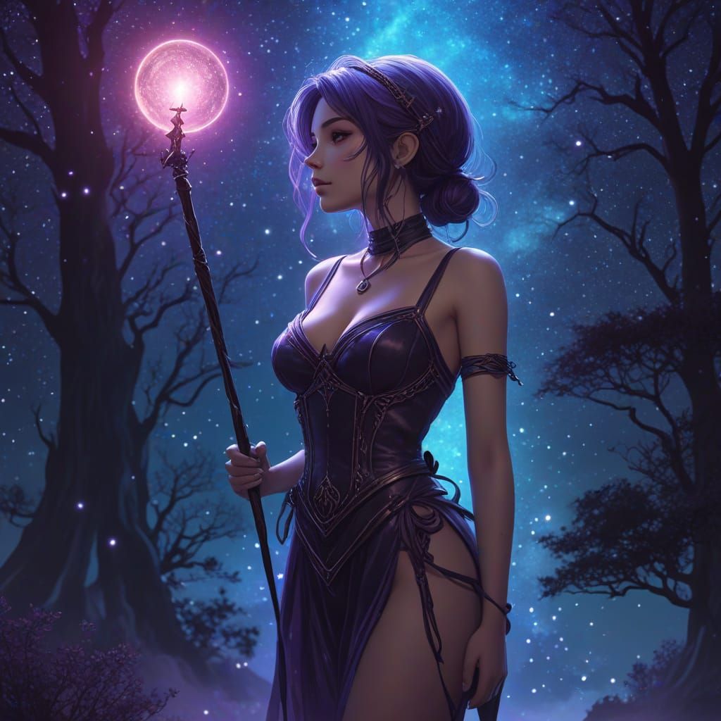 Anime Witch Silhouette in Mystical Starry Sky