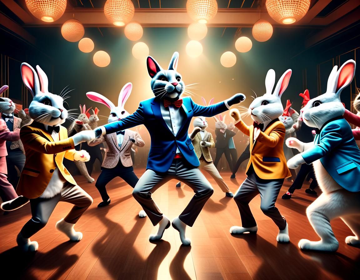 Anthropomorphic Rabbits and Cat at a Disco