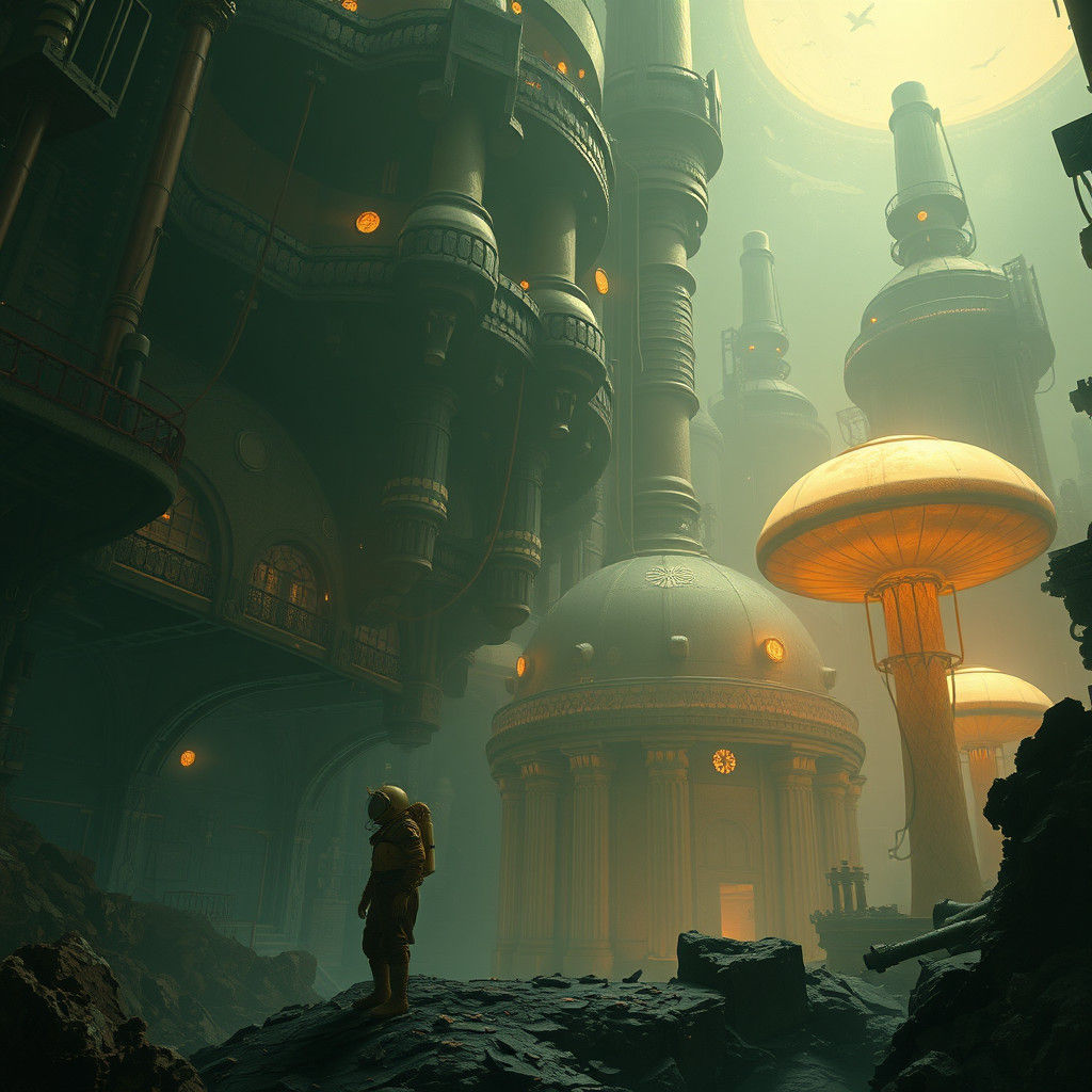 Art Deco Diver in Dystopian Underwater City