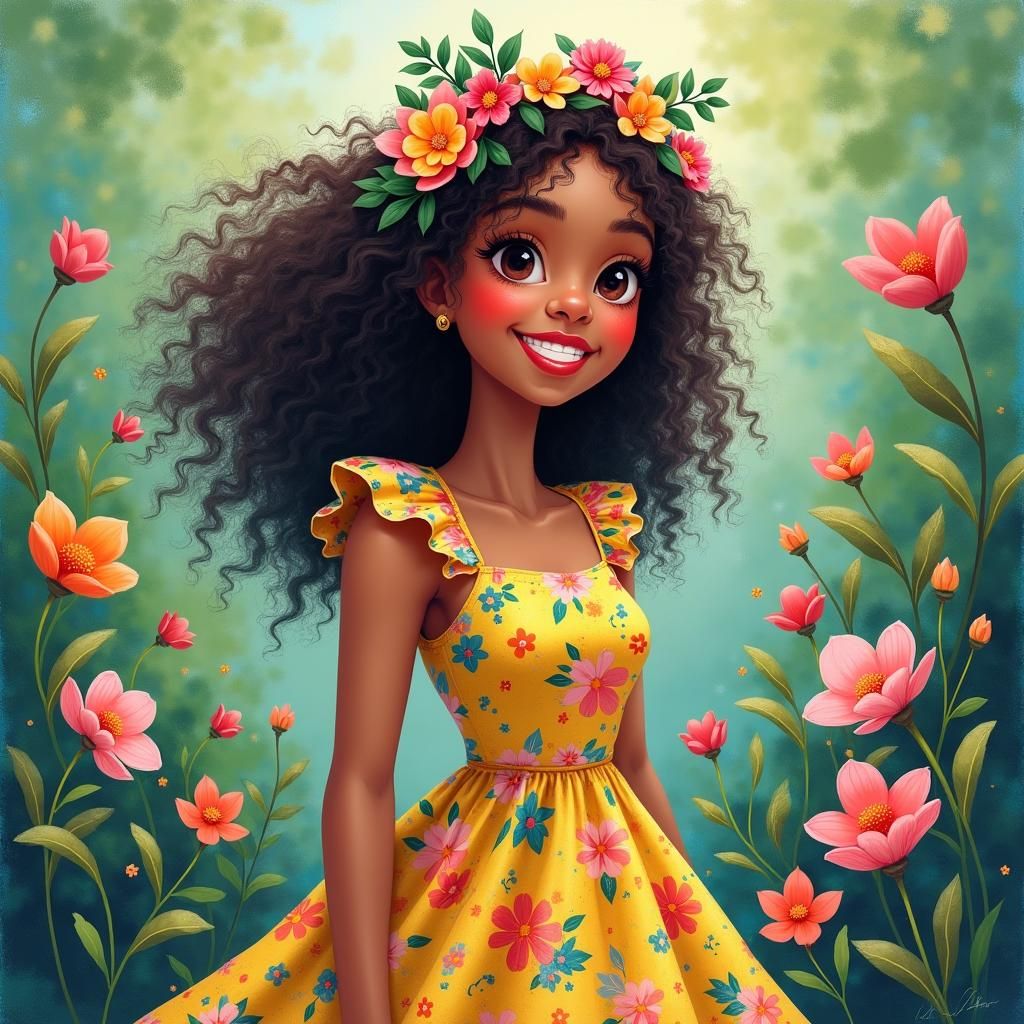 Joyful Woman in Floral Garden: Impressionistic Digital Art