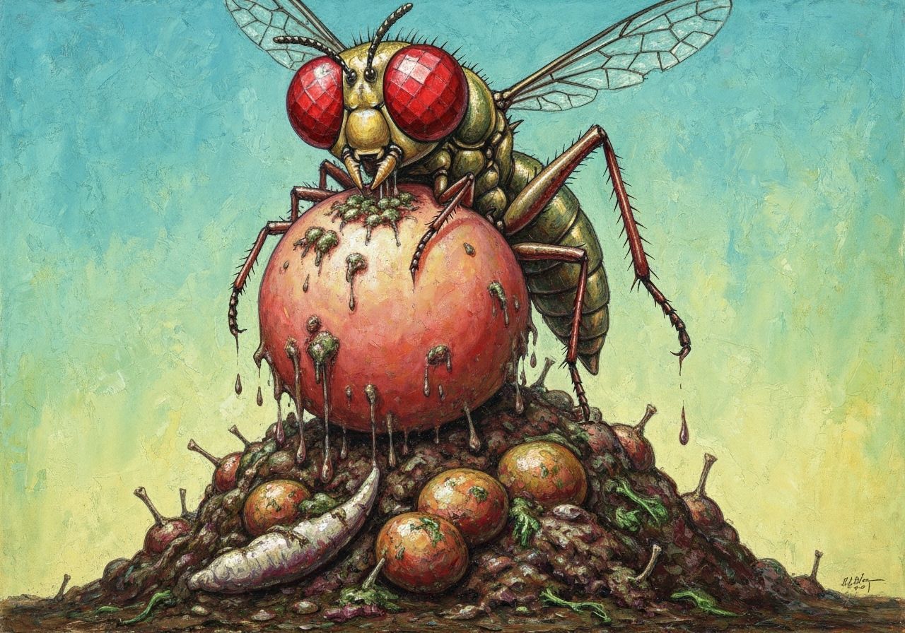 Hybrid Locust-Fly Creature Feasting on Decay as Gouache Pain...