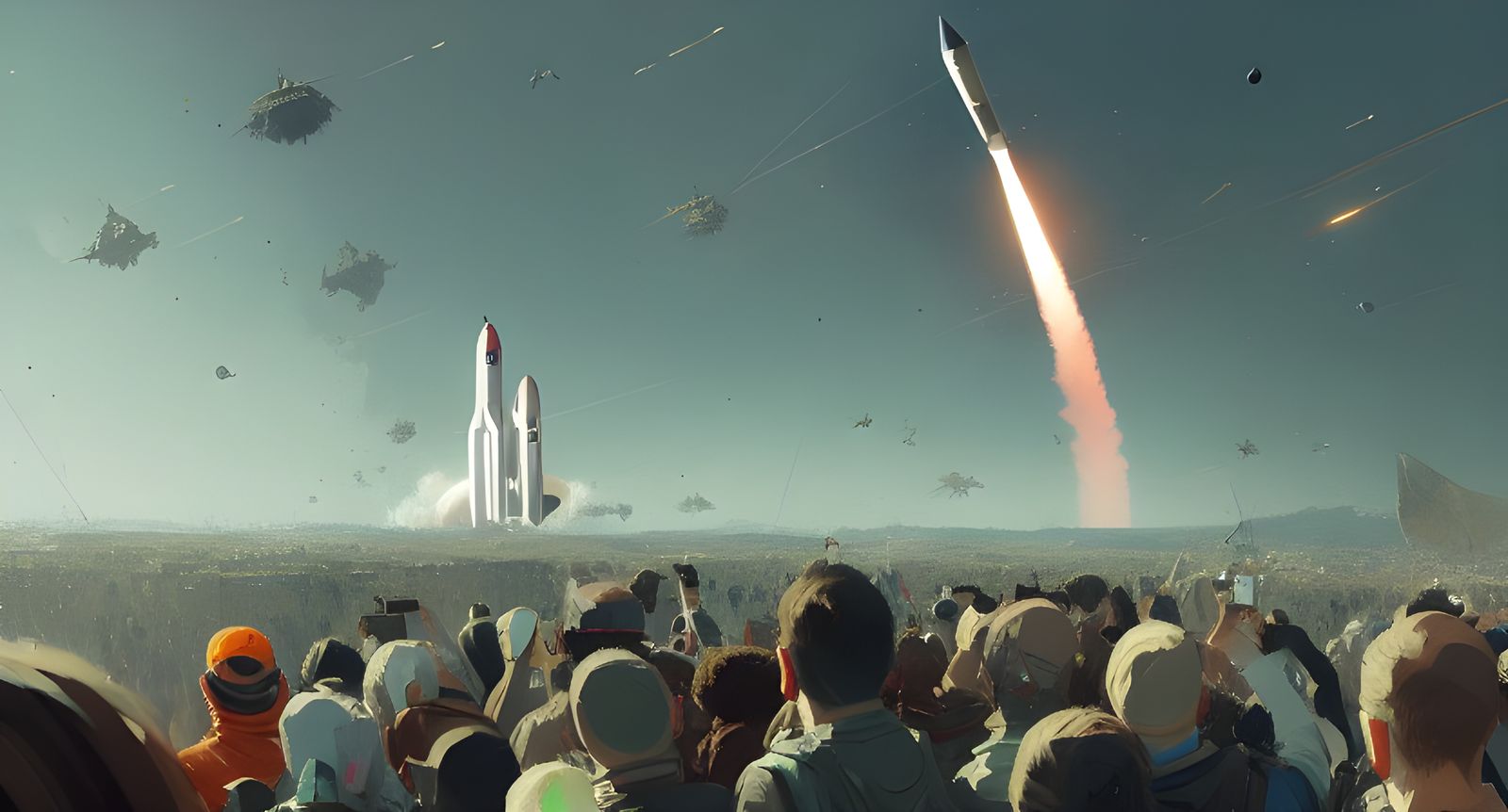 Crowd Watches Rocket Launch in Surreal Style