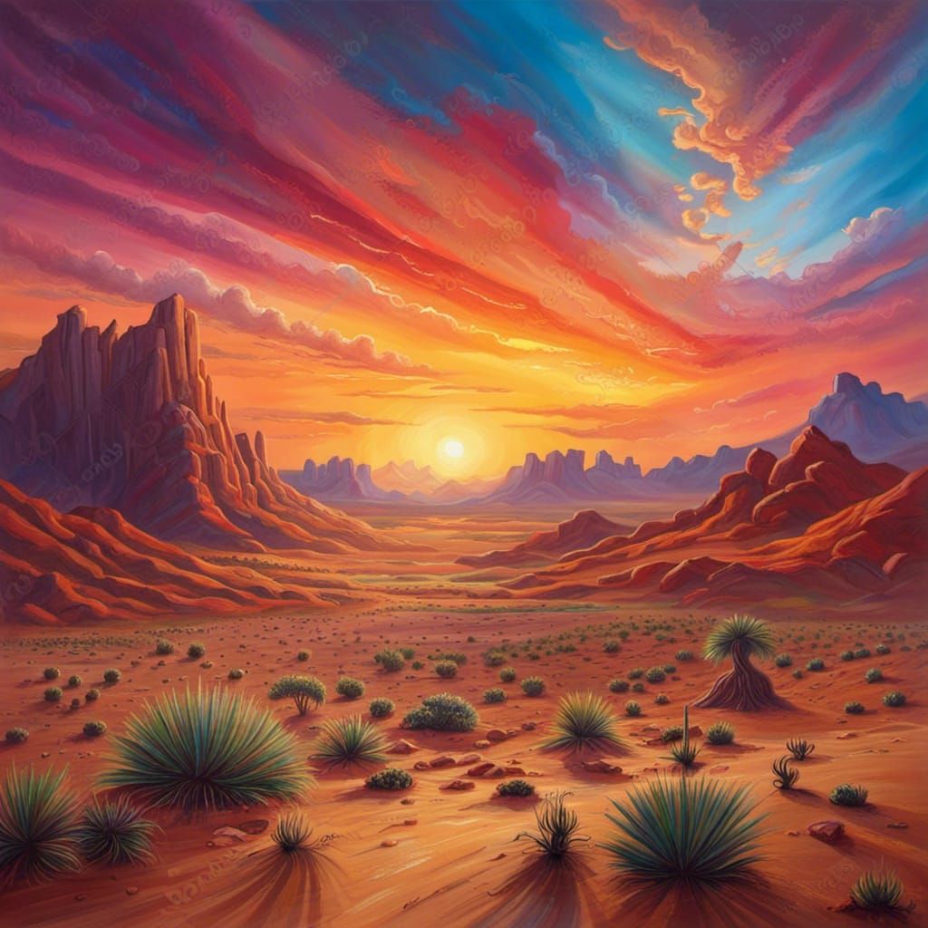 Desert Sunset Landscape: Vibrant Oil Painting