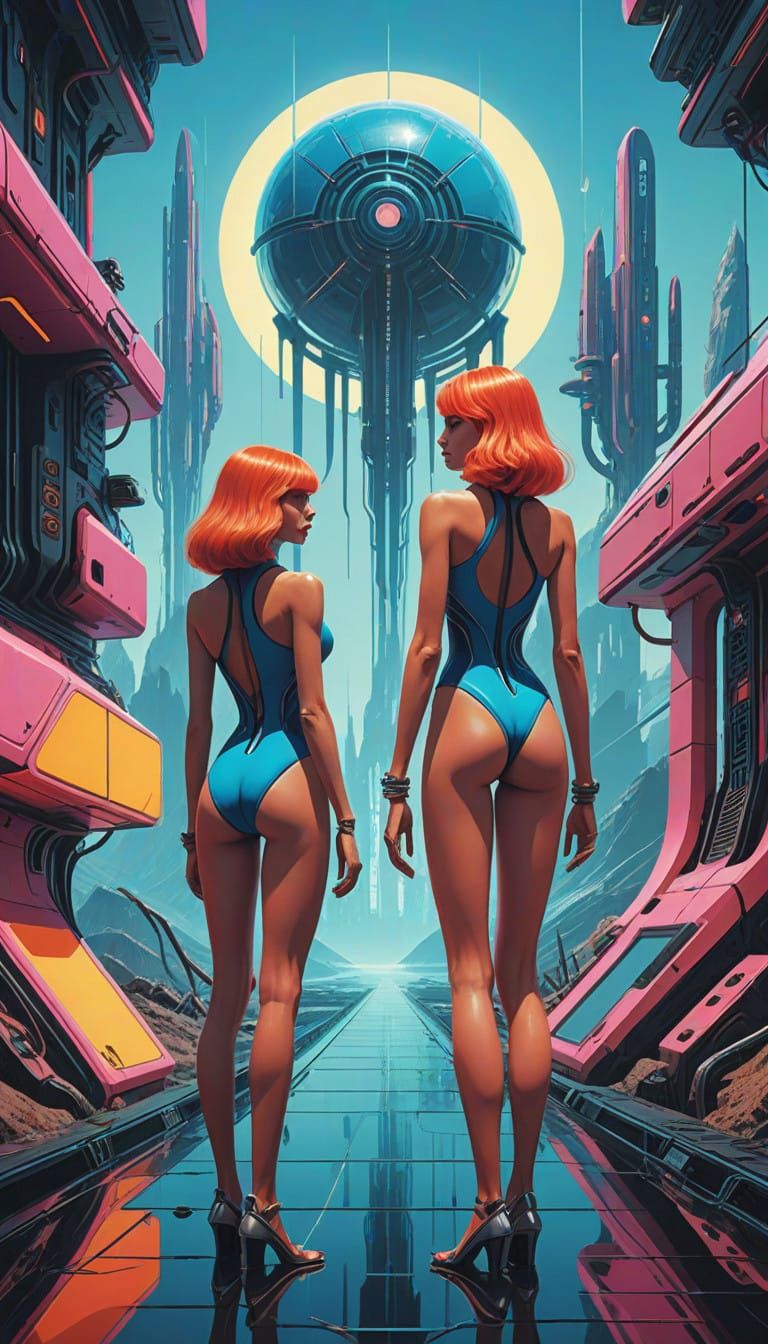 Retro-Futuristic Goddesses Confront Each Other in Neon Swimw...
