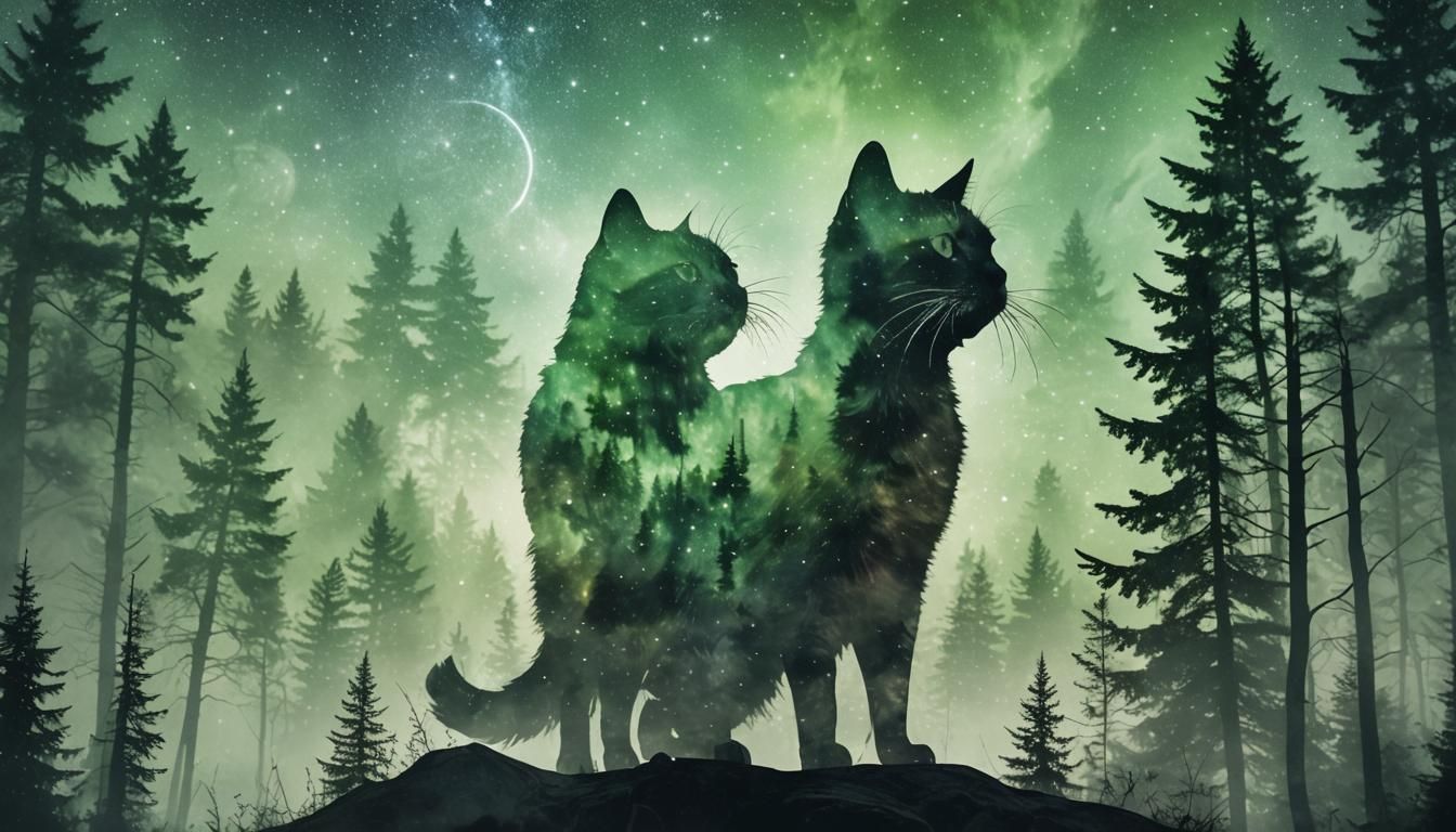 Cosmic Cat Silhouette Walking Through Forest