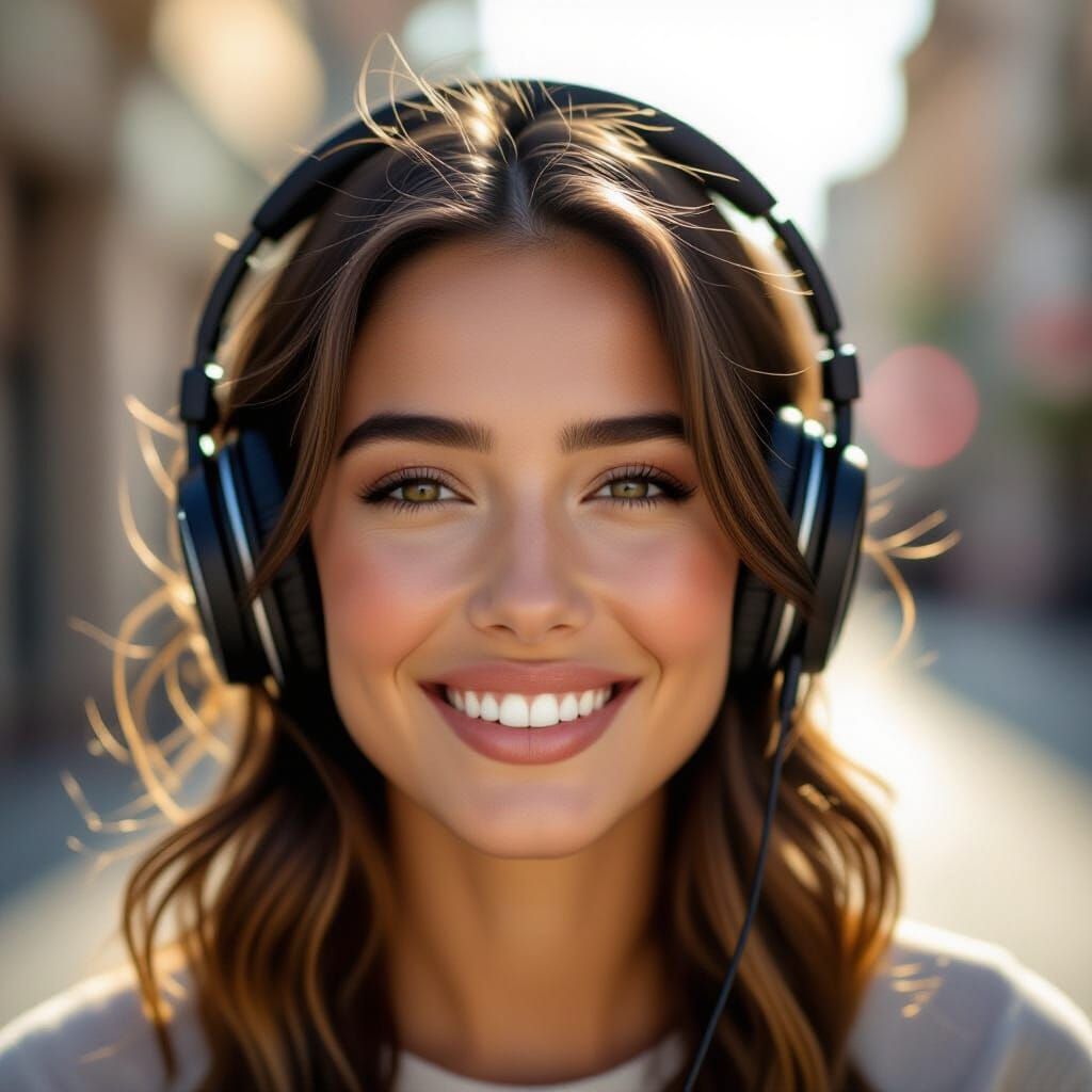 Joyful Woman with Wireless Headphones in Morning Light