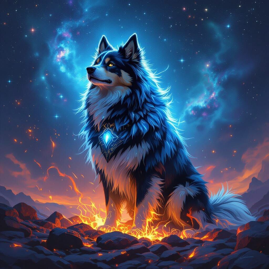 Mystical Dog Rising from Embers in Cosmic Fantasy Art