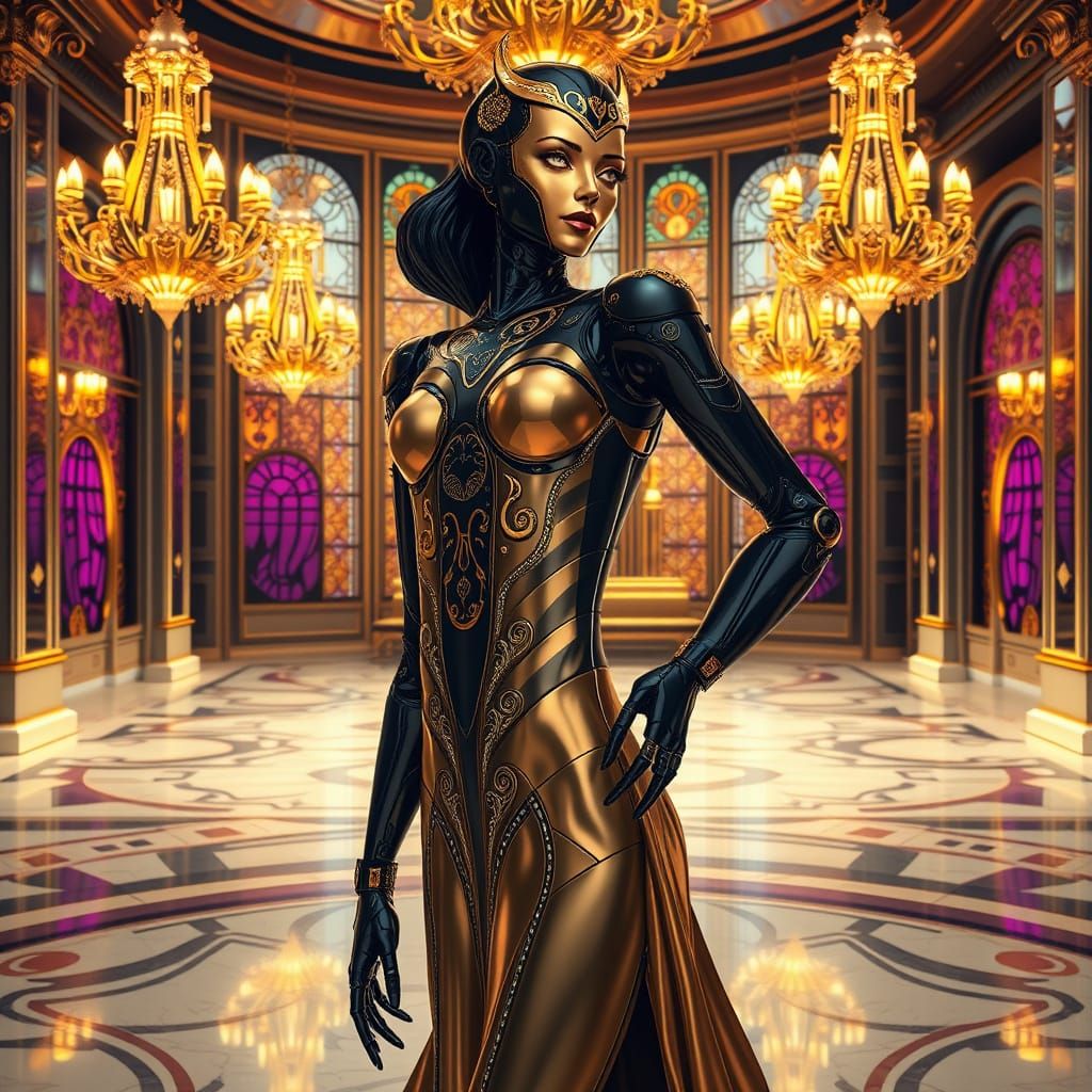 Elegant Art Deco Robot in Retro-Futuristic Ballroom