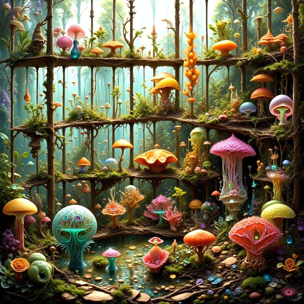 Intricate Botanical Shelves Display in Neon Style