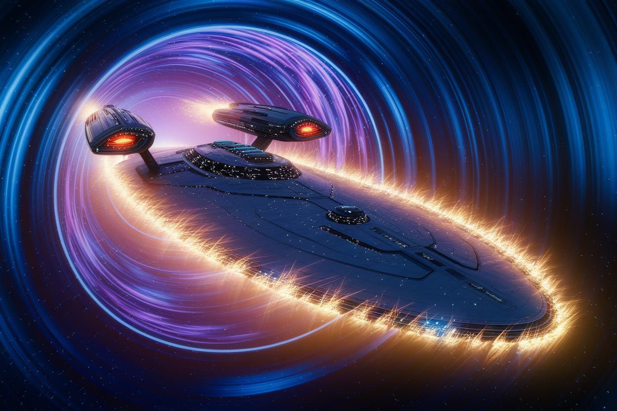 Starcruiser Emerges from Wormhole in 3D Rendering