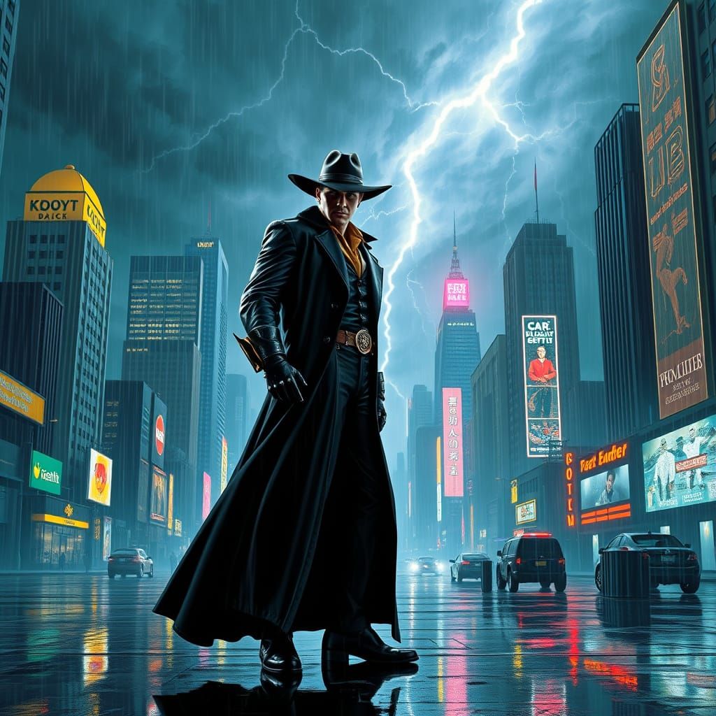 Cyberpunk Cowboy Hero in Gritty Dystopian Cityscape