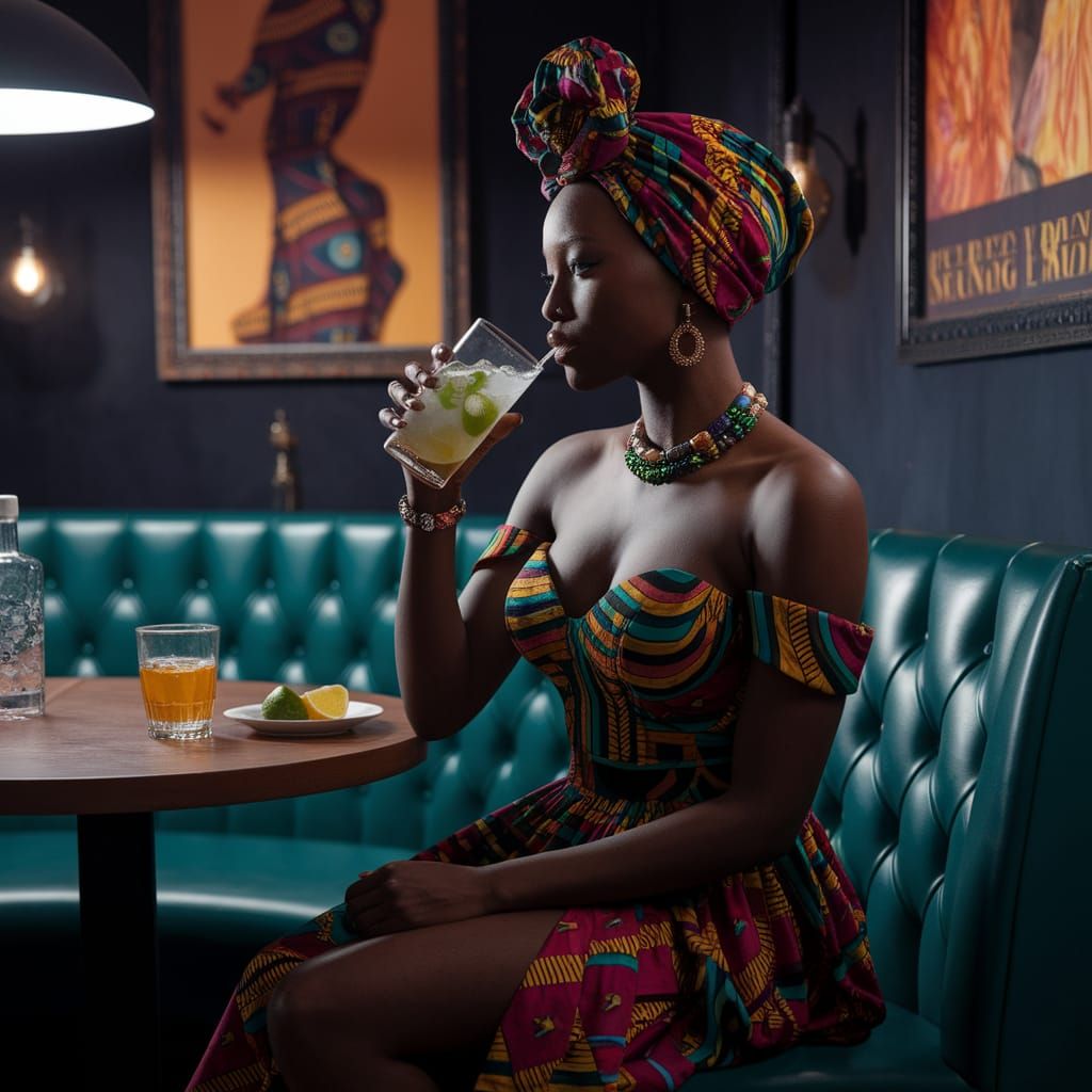 Ghanaian Woman in Kente Evening Gown at Jazz Club
