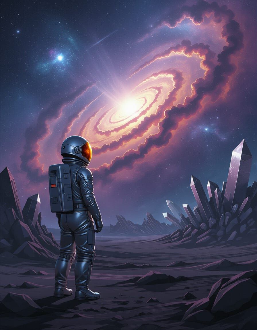 Astronaut Gazing at Nebula on Alien Planet
