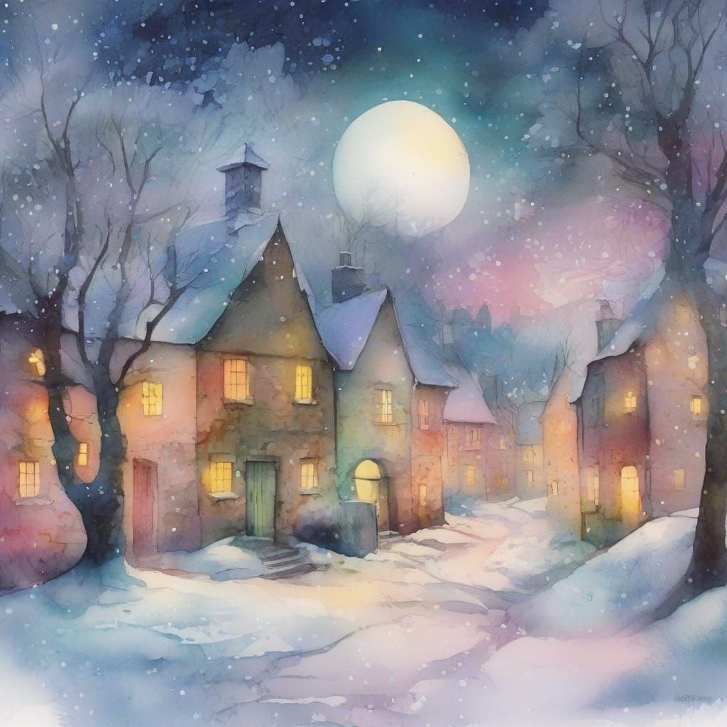 Whimsical Watercolour Village in Moonlight