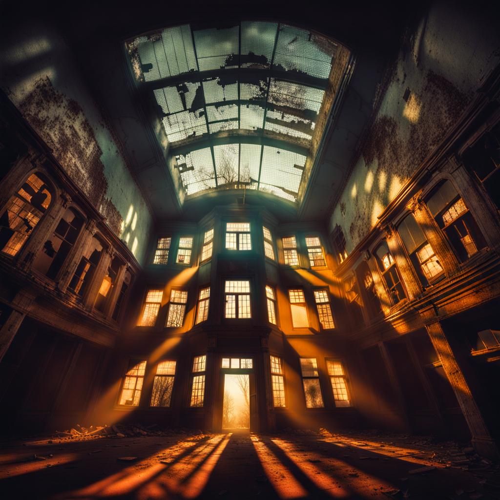 Eerie Abandoned Building with Sinister Shadow