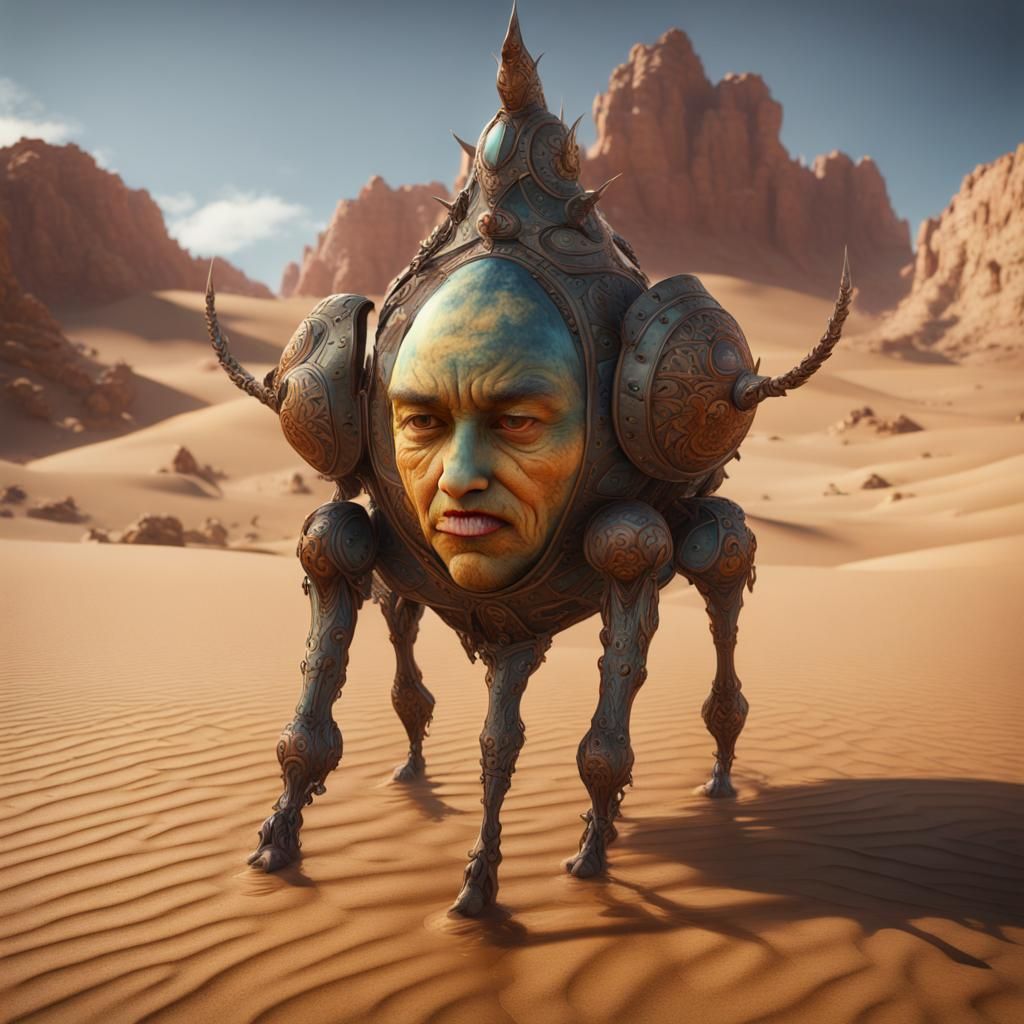 Human-Faced Creature Walking in Mirrored Desert