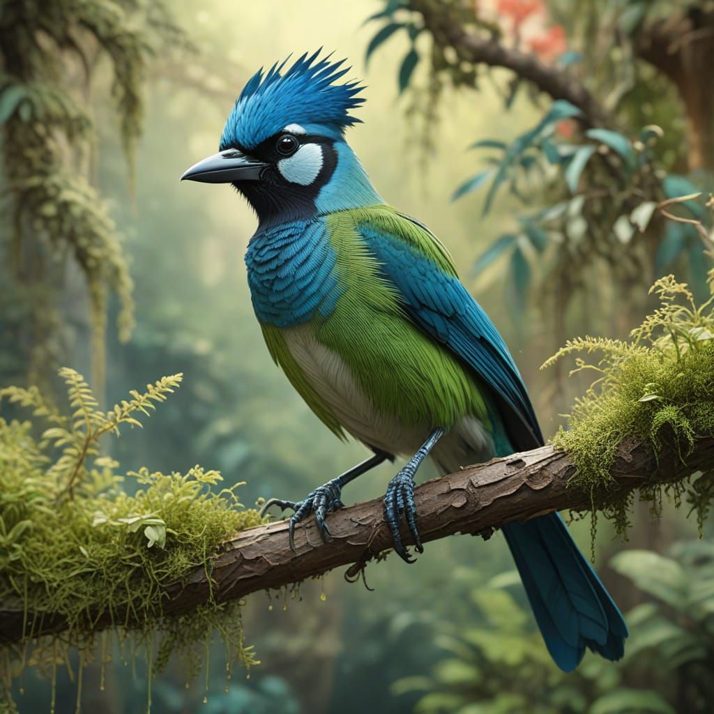 Green Jay in Overgrown Tropical Garden as Matte Painting