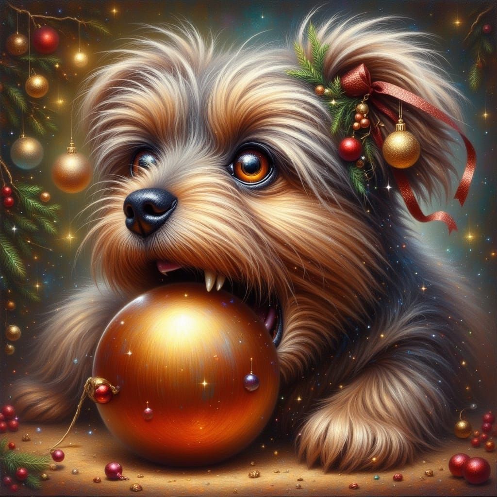 Whimsical Yorkie Grabs Christmas Ball in Oil Paint Style