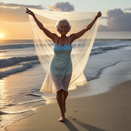 Elderly Woman on Empty Beach at Sunrise