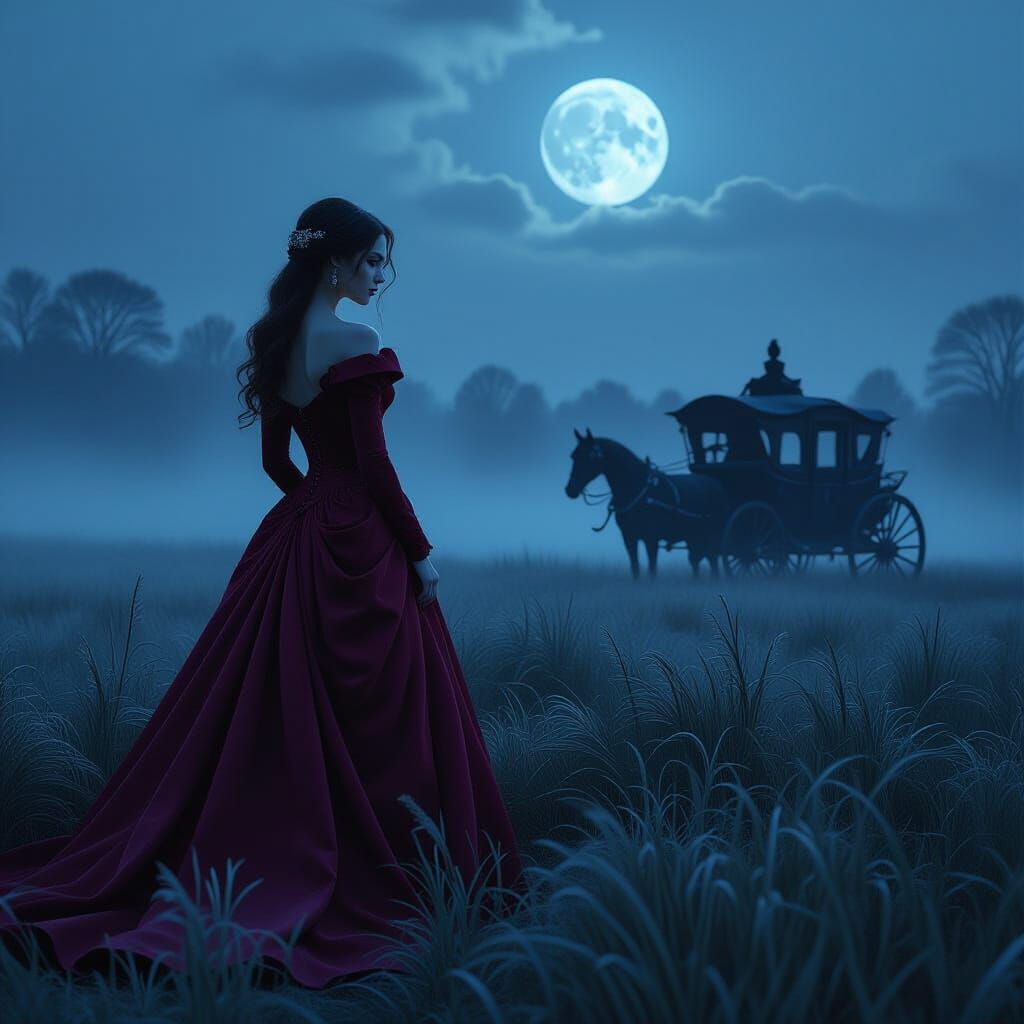 Woman in Crimson Gown in Moonlit Gothic Field