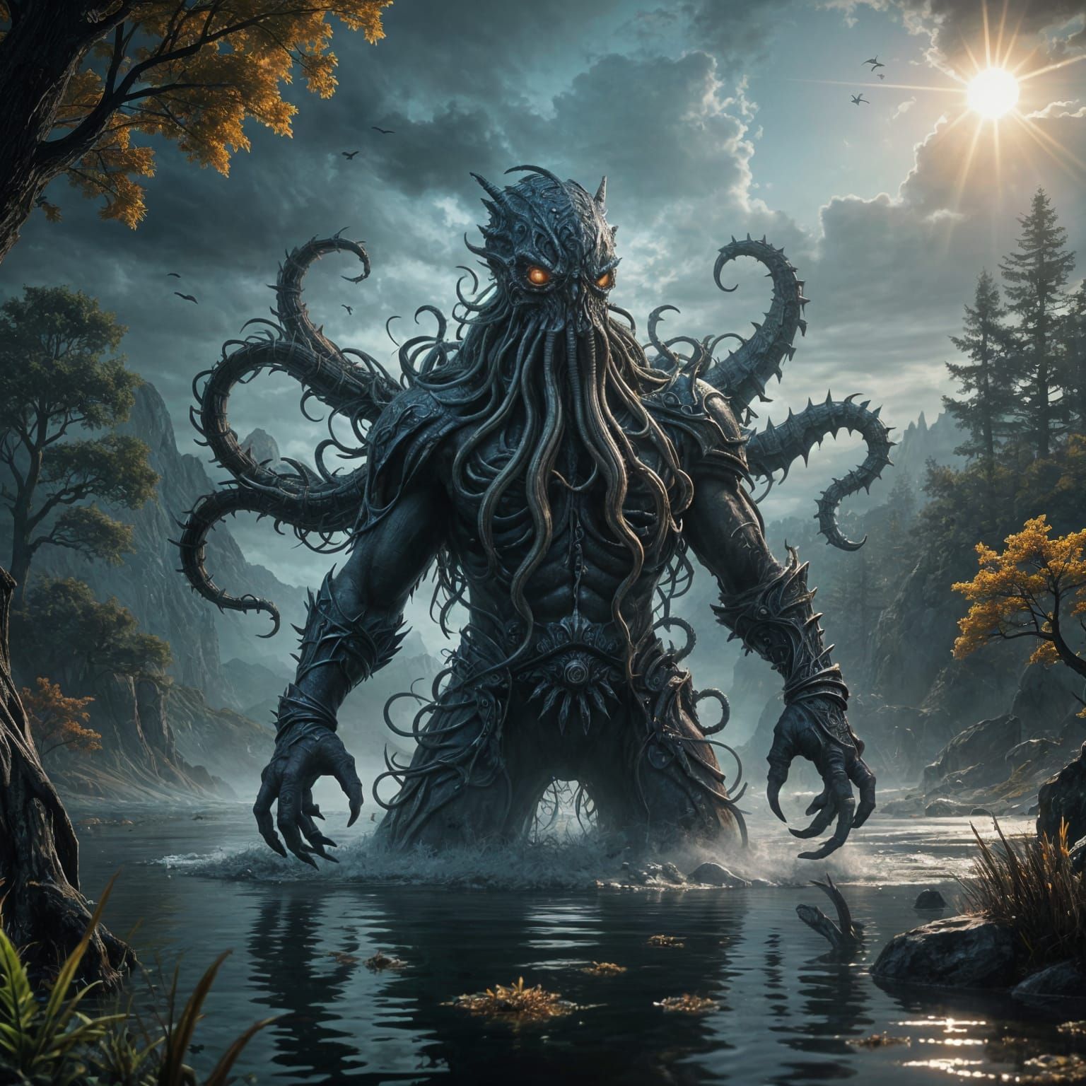 Dark Fantasy Lake Monster in Realistic Style