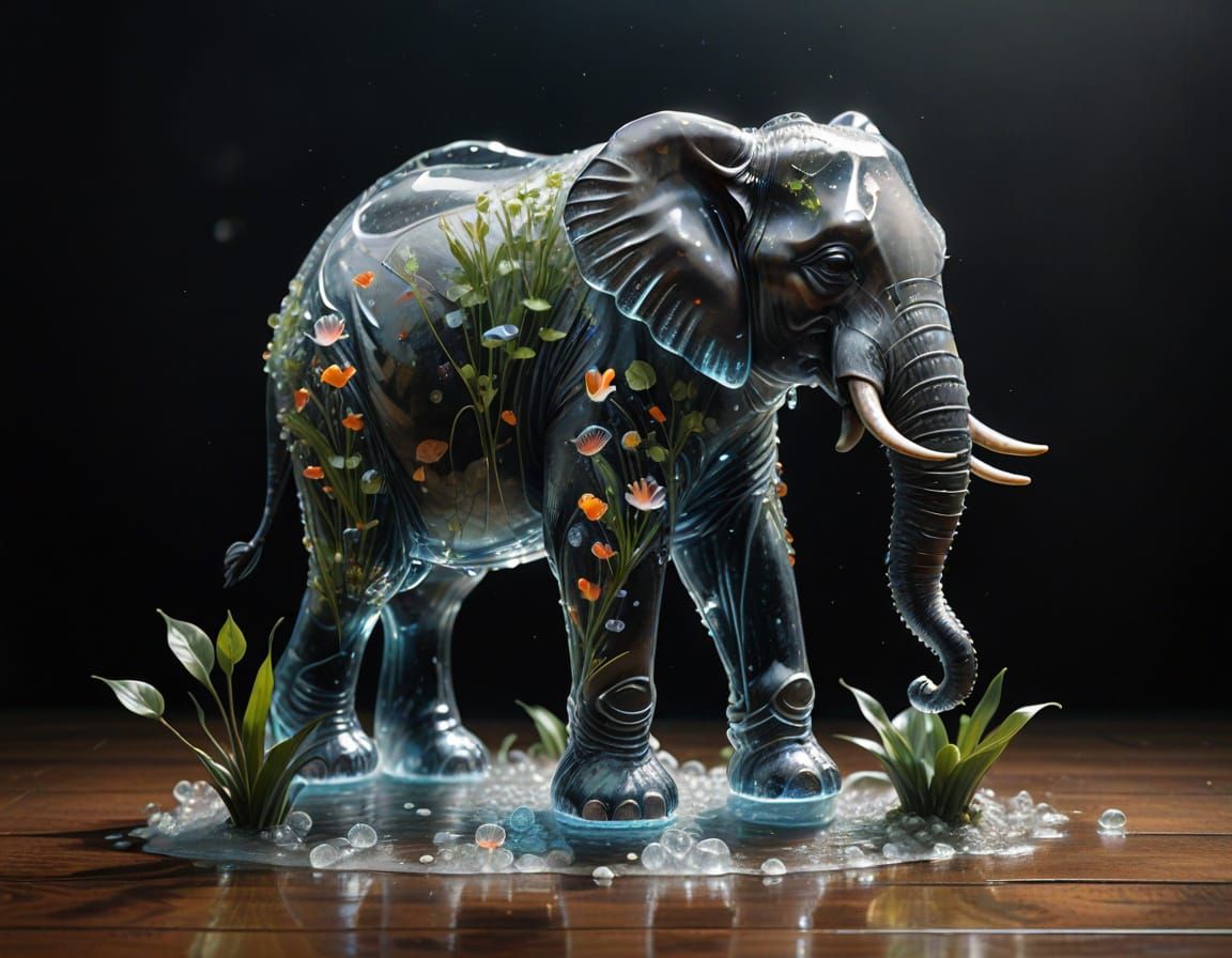 Ethereal Crystal Elephant in Splashing Water Scene
