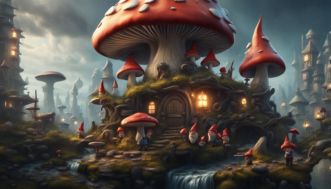 Gnome Mushroom City: Detailed Matte Painting