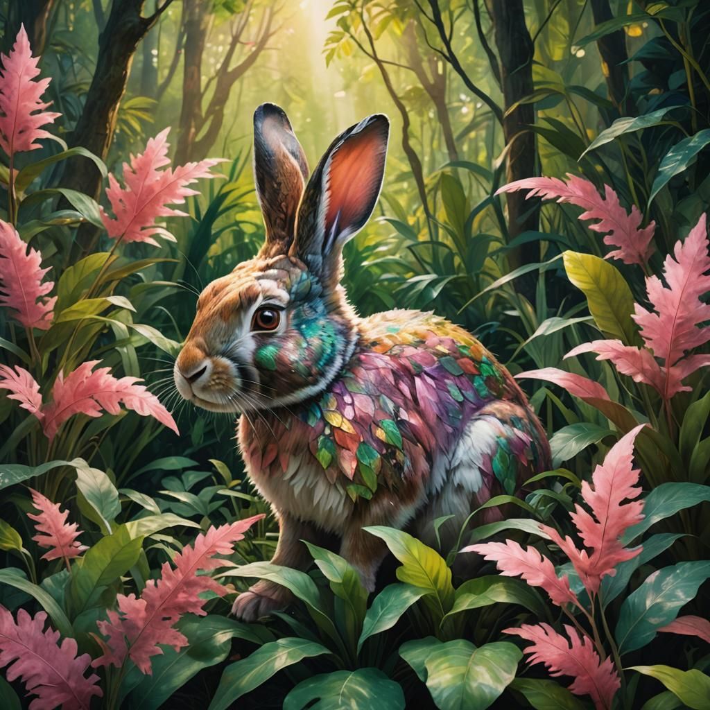 Iridescent Rabbit in Surreal Watercolor Dreamscape
