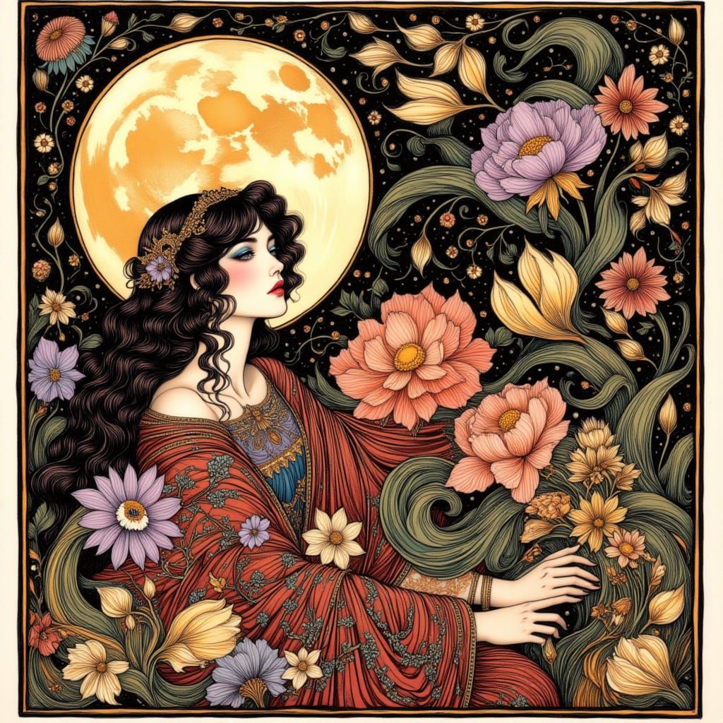 Art Deco Woman Under Moon in Floral Printmaking Style