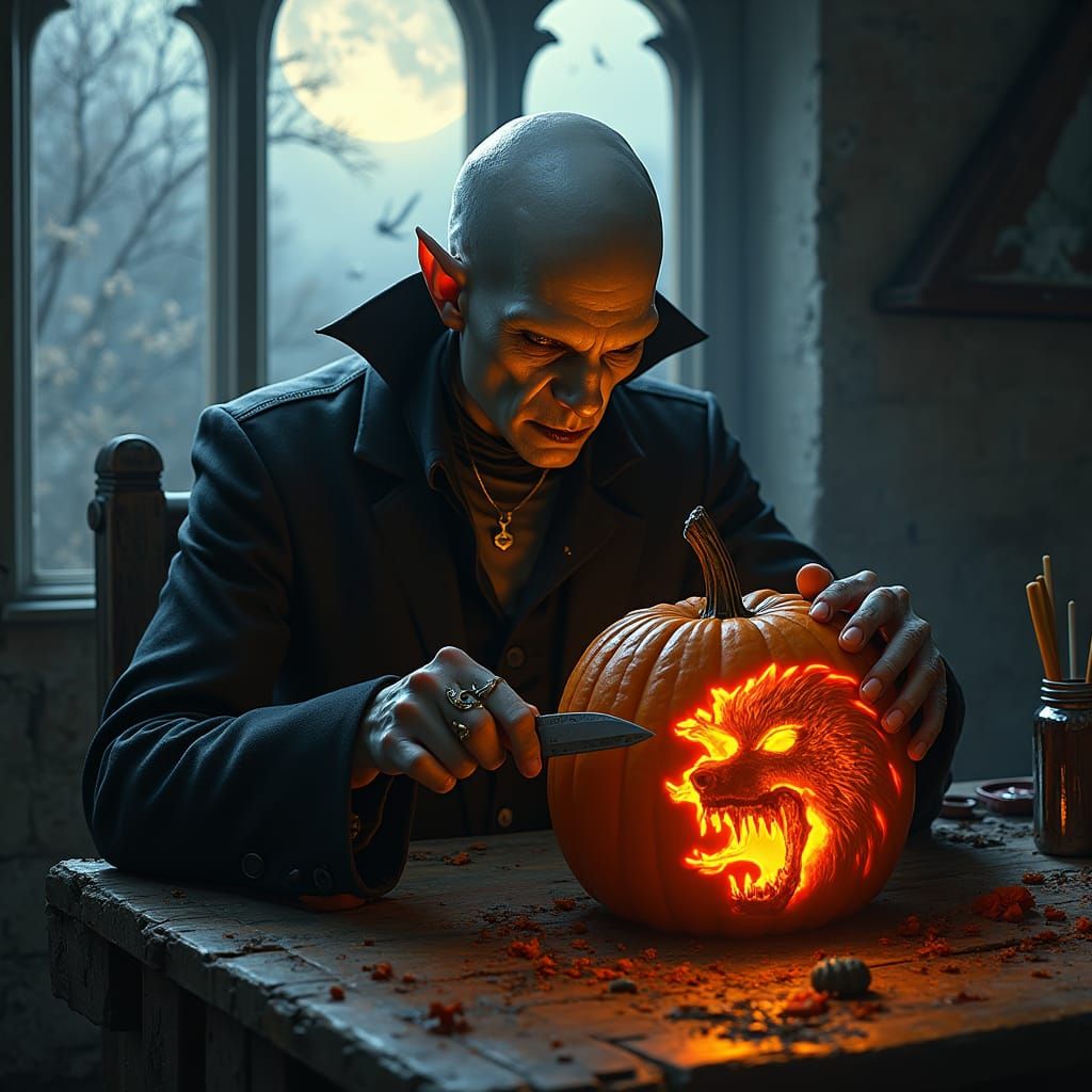 Vampire Carving Werewolf Pumpkin in Gothic Style