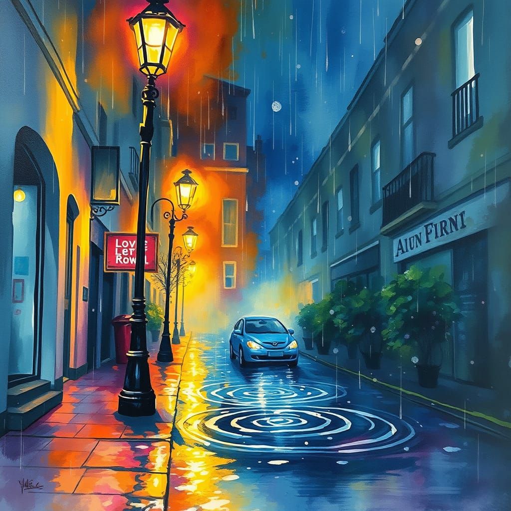 Vibrant Streetlamp Illuminates the Rainy Night in a Masterpi...