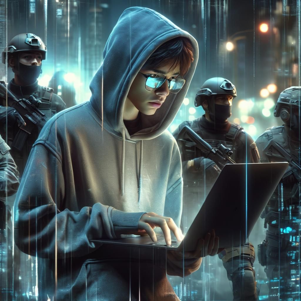 Concept art of a 17-year-old teenage boy in a weathered hood...