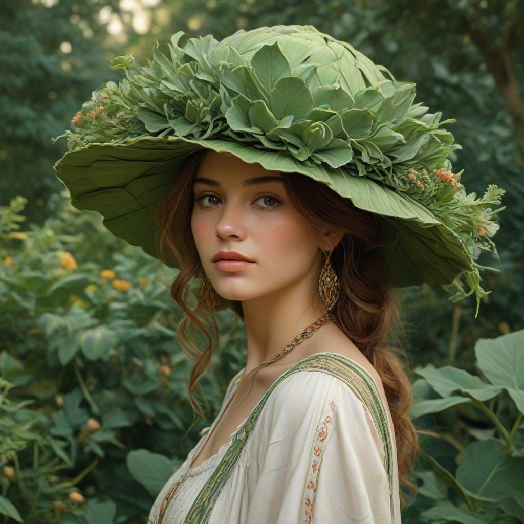 Art Nouveau Woman in Artichoke Hat in Garden