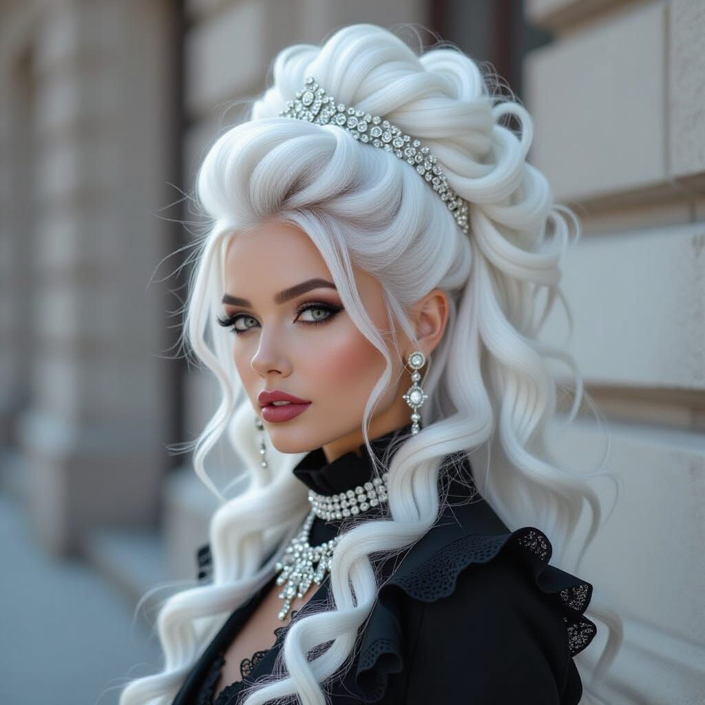 Elegant Woman with White Hair in Towering Style