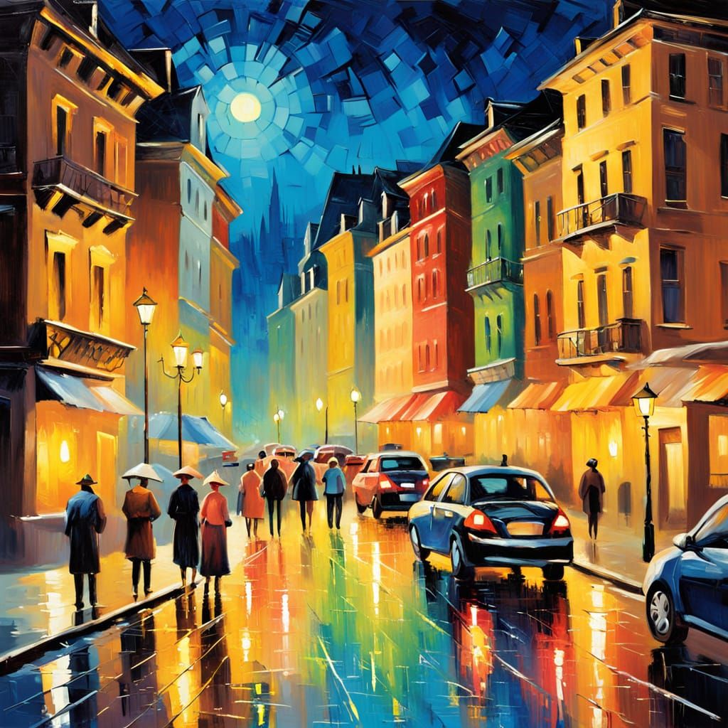 Cityscape at Night as Oil Painting