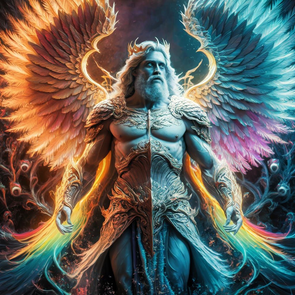 Angelic Man in Radiant Armor with Rainbow Wings