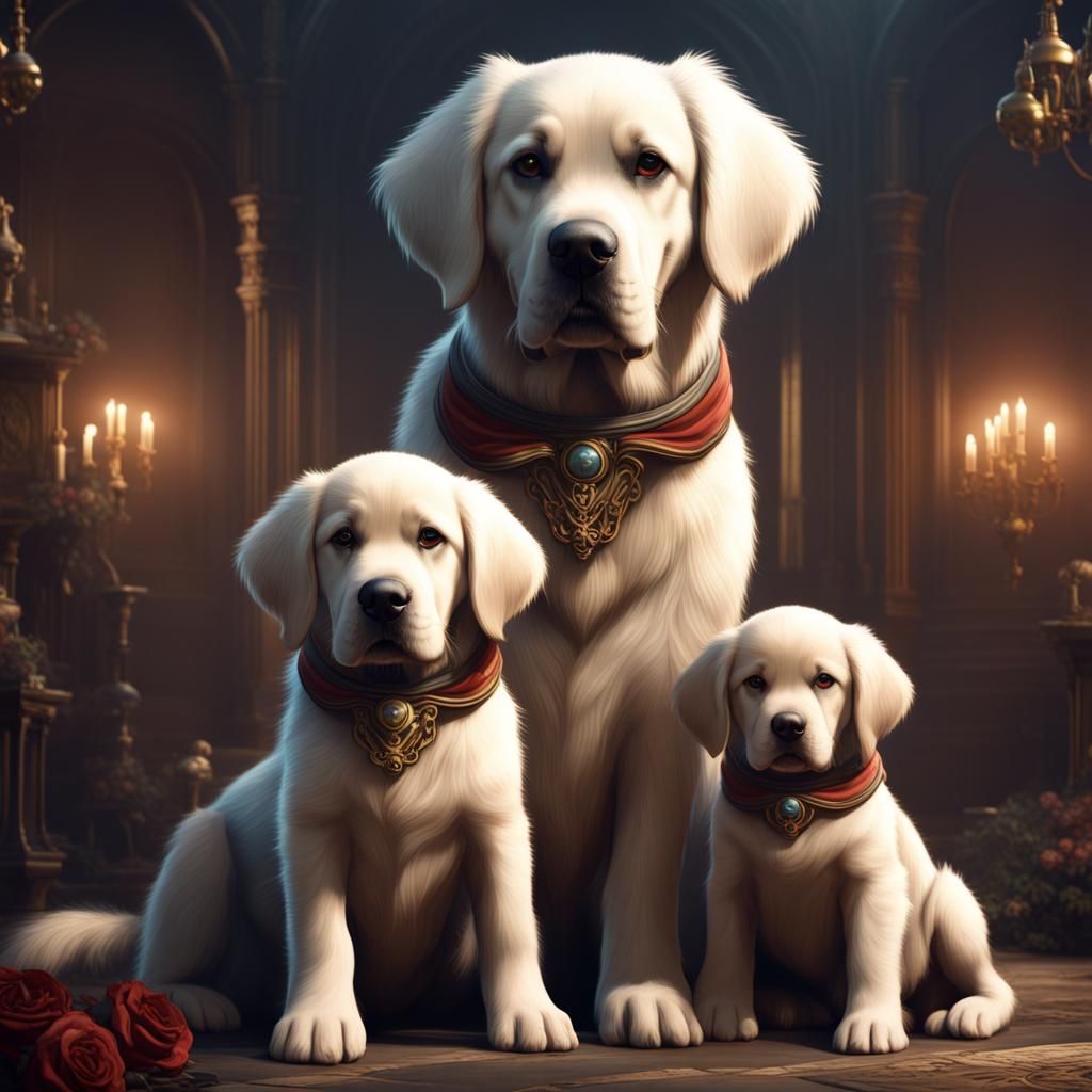 Dogs and Puppies with Bows: Fantasy Concept Art