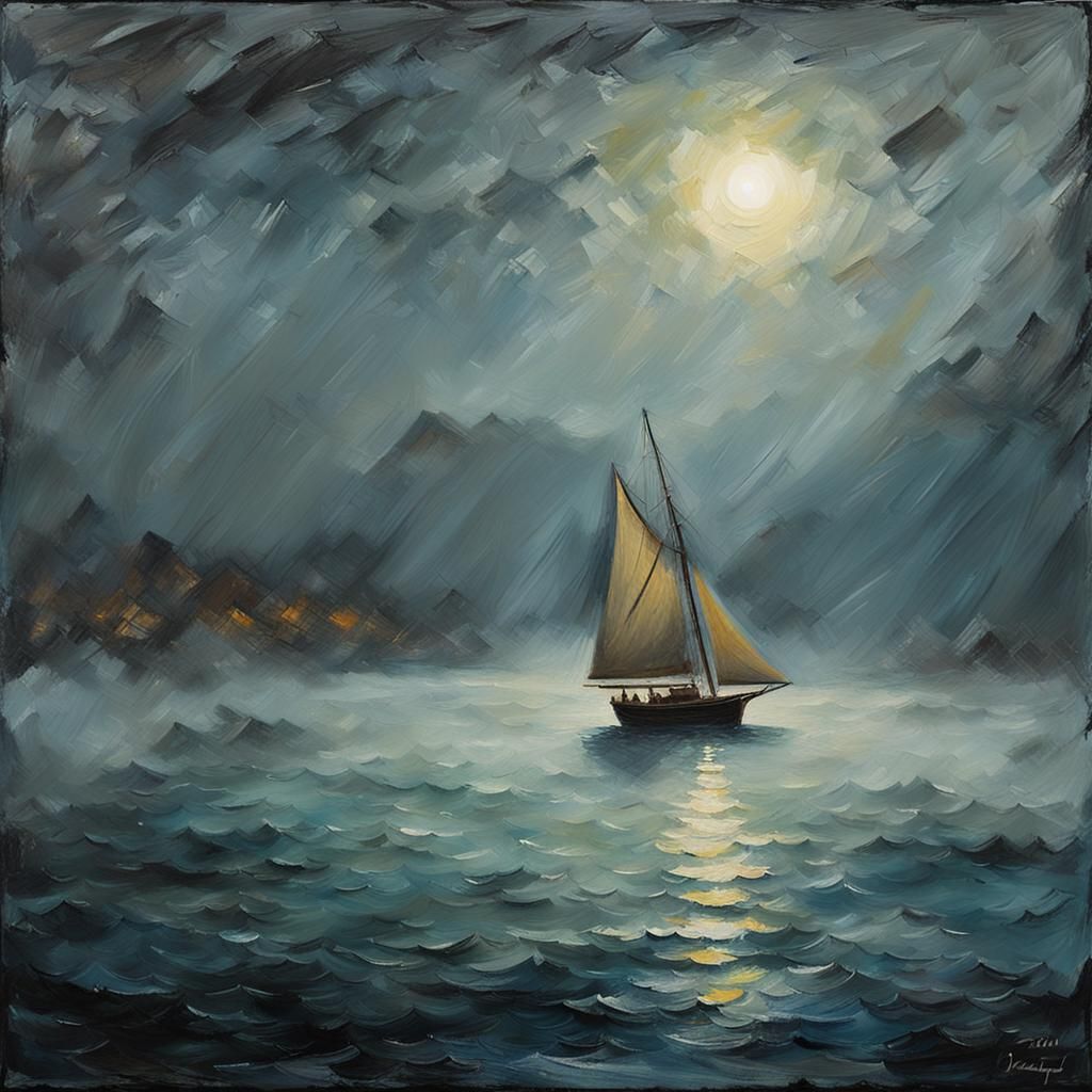 Mist-Shrouded Night Seascape in Impressionist Gouache Style