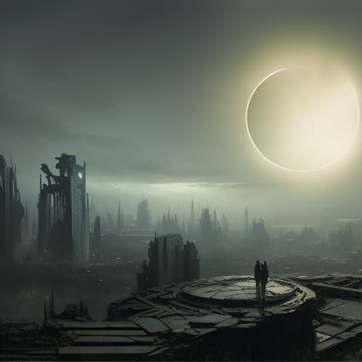 Epic Eclipse Over City Ruins in Maximalist Style