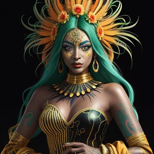 Surreal Woman with Gold Skin and Peacock Feathers