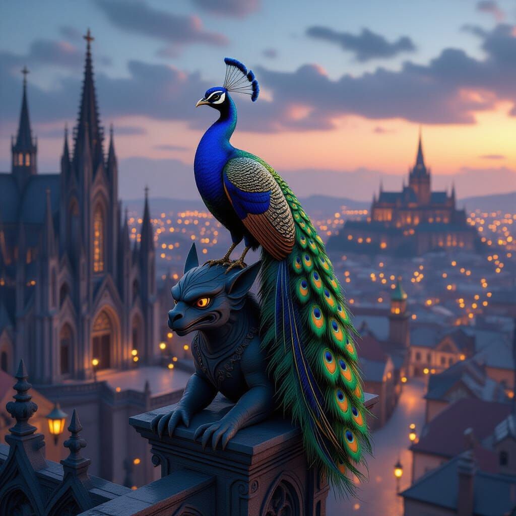 Peacock Dragon Hybrid on Gothic Cathedral, Digital Art