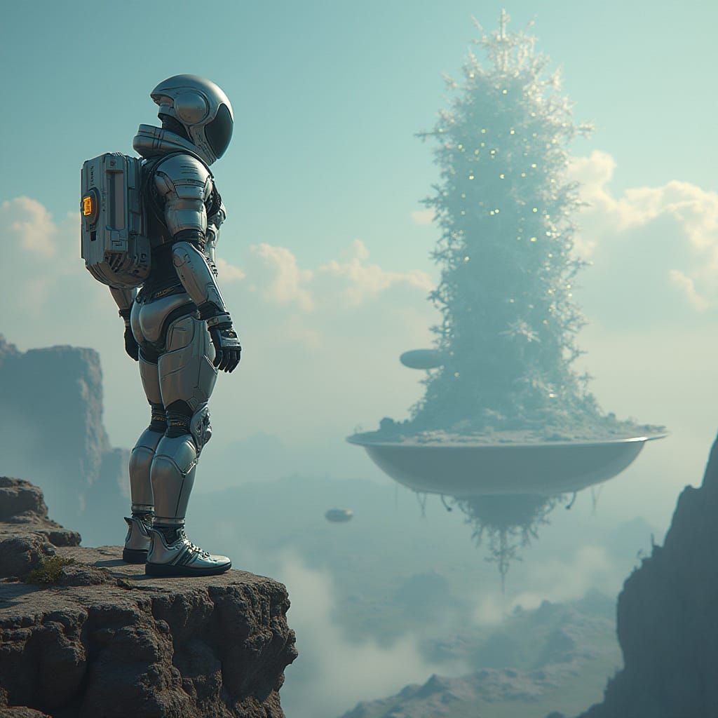 Surreal Futuristic Landscape of Floating Islands and Distort...